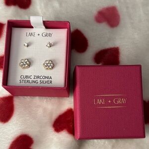 Lake + Gray Cubic Zirconia & Sterling Silver 2 packs studs earrings! New in box!